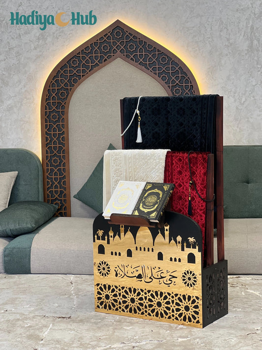 Wooden Double Storage Stand for Prayer Mat and Quran Rack – Black and Gold Organizer