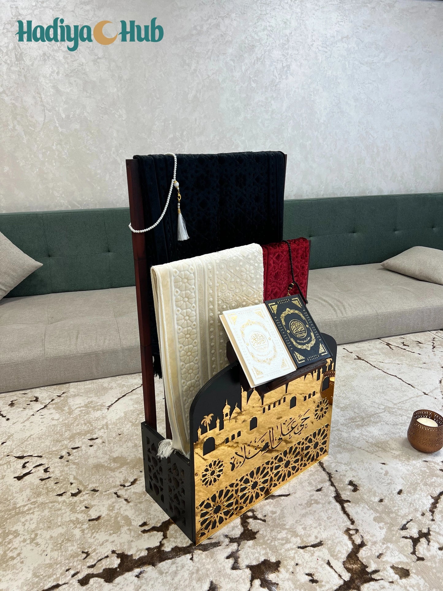 Wooden Double Storage Stand for Prayer Mat and Quran Rack – Black and Gold Organizer1