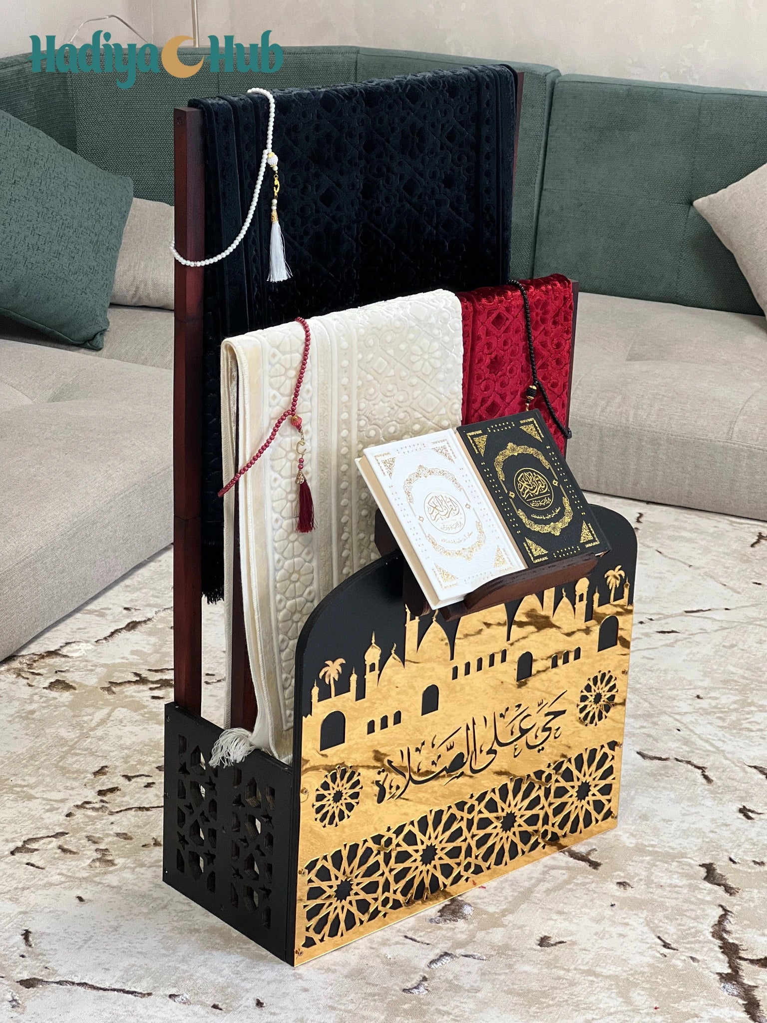 Wooden Double Storage Stand for Prayer Mat and Quran Rack – Black and Gold Organizer3