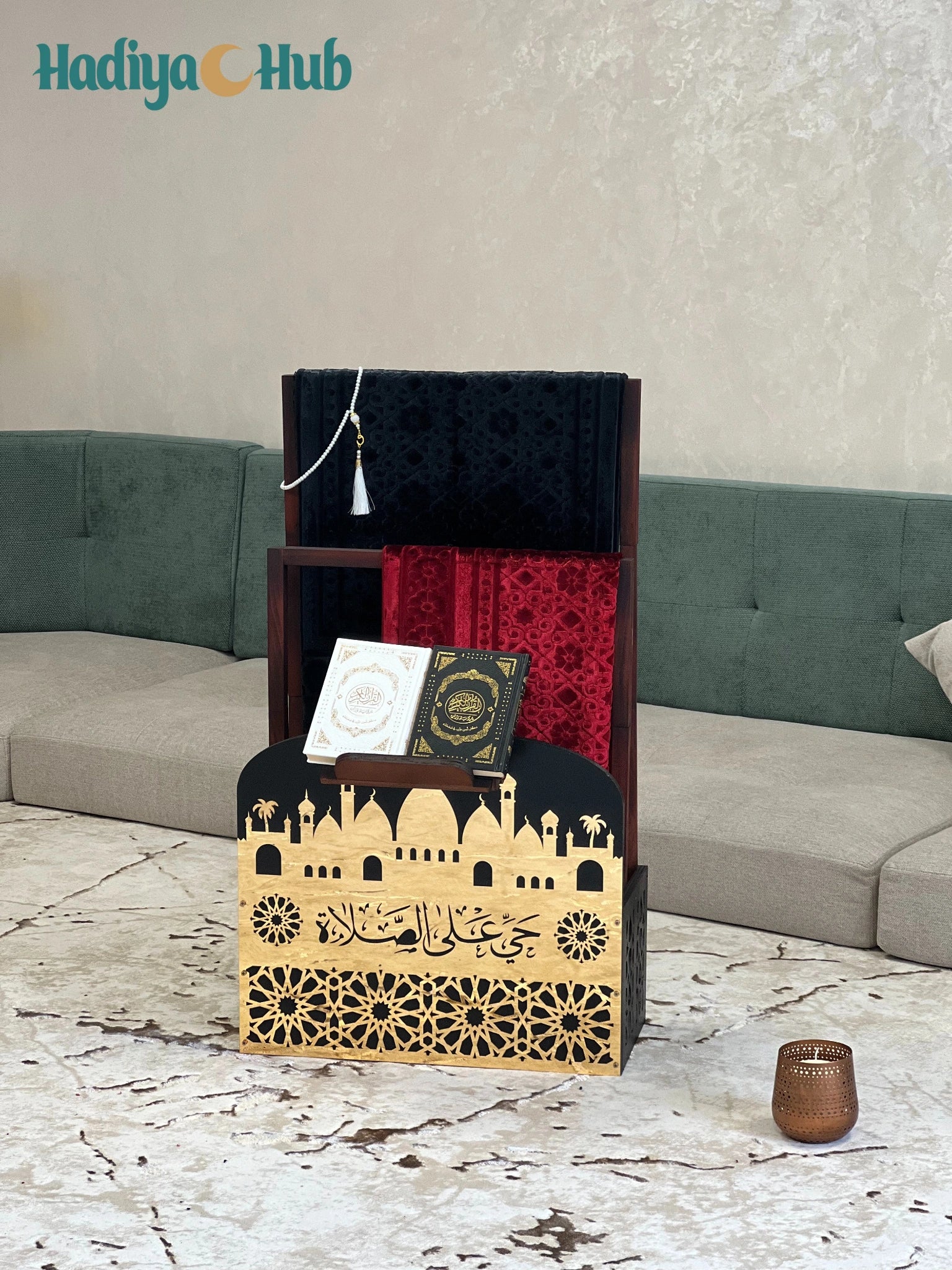 Wooden Double Storage Stand for Prayer Mat and Quran Rack – Black and Gold Organizer4